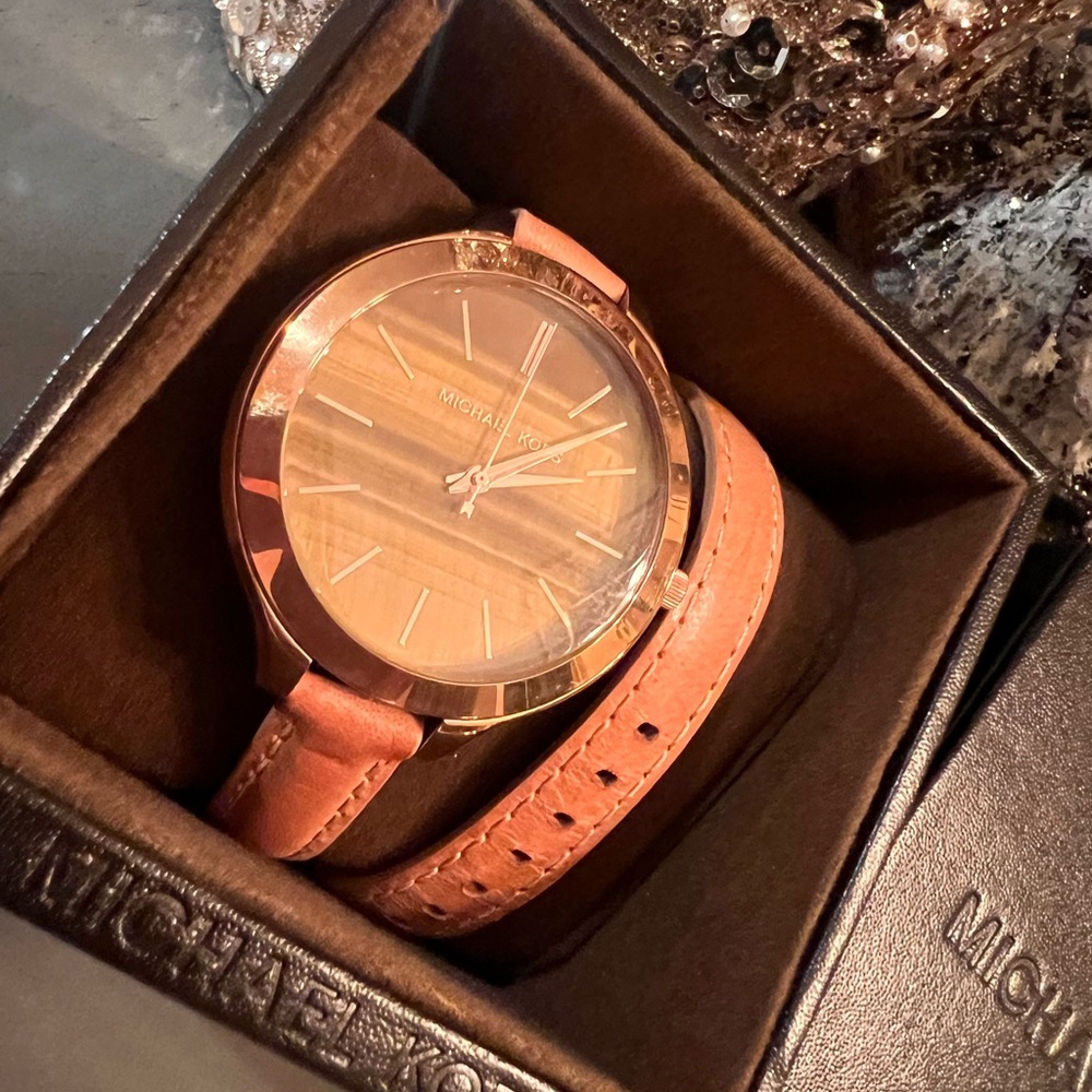 Michael Kors Slimway Brown Dial Tan Leather Ladies Watch with BOX